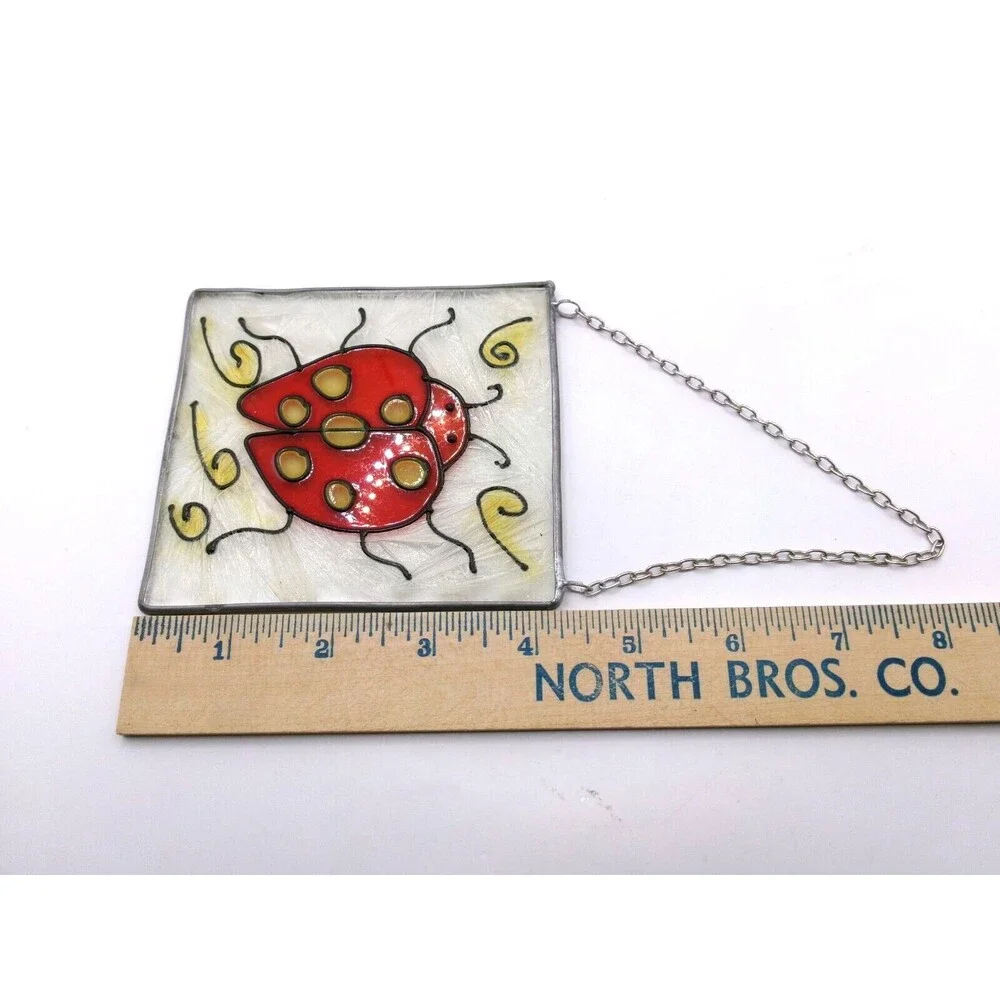 Ladybug Suncatcher Faux Stained Glass Look Painted Design on Chain 4x4 inches